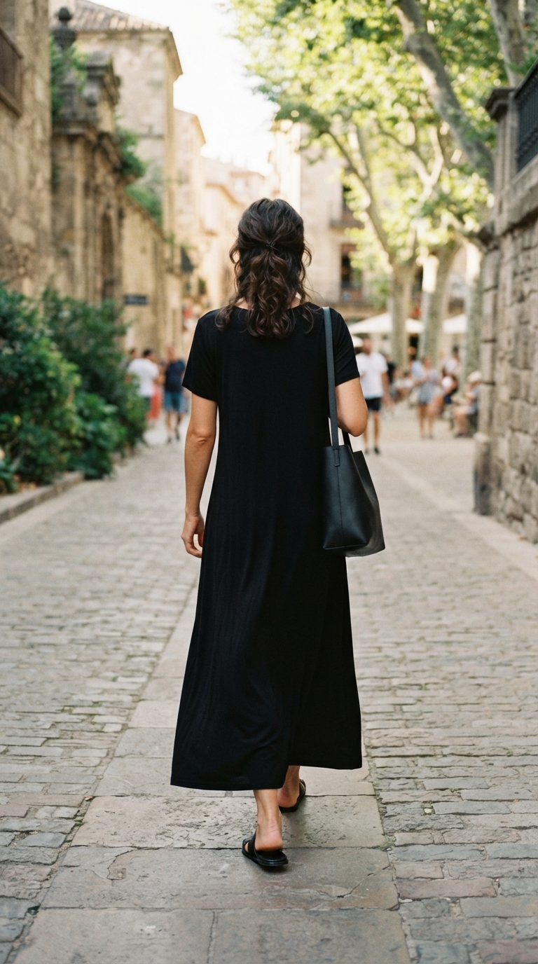 9. Sleek Simplicity: Black Maxi Dress & Flat Sandals