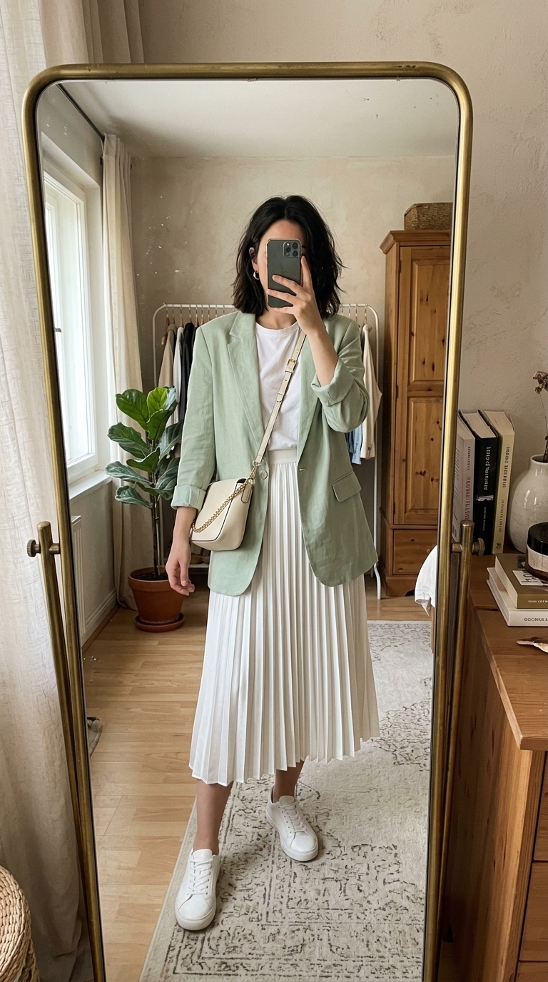 9. White Tee + Pleated Midi + Blazer