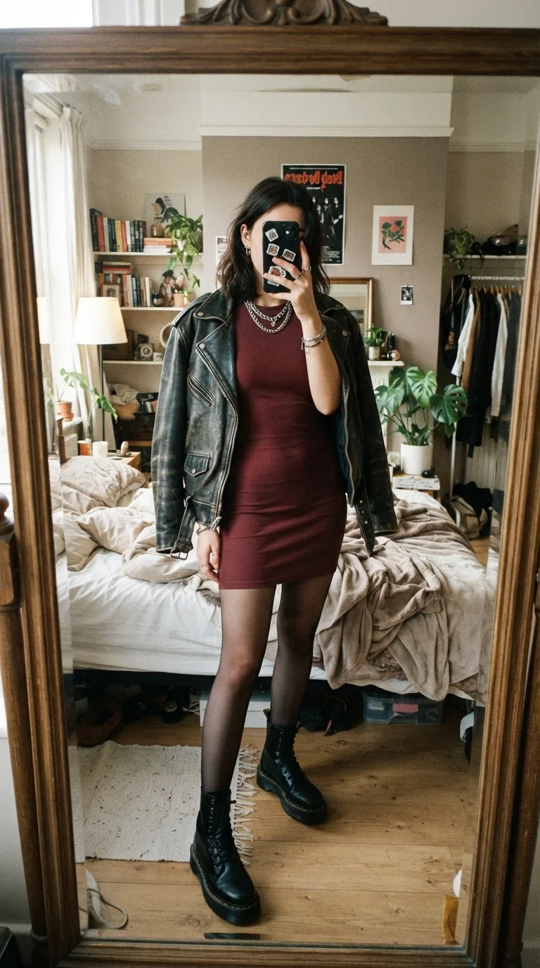 3. Edgy Leather Jacket & Maroon Mini Bodycon