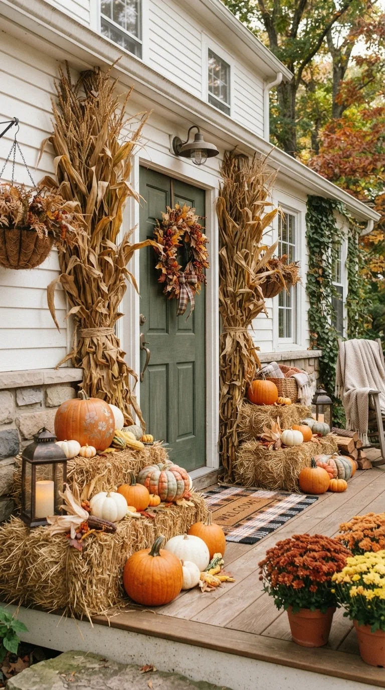 Rustic Cornstalk and Hay Bale Porch