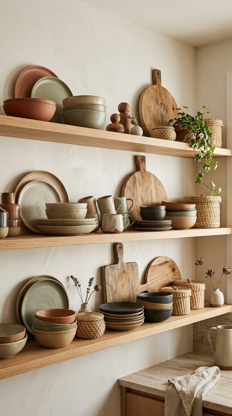 10 Open Kitchen Shelf Styling With Ceramics and Wood