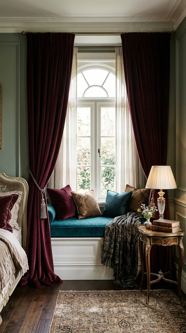 Elegant Window Seat with Luxurious Drapes