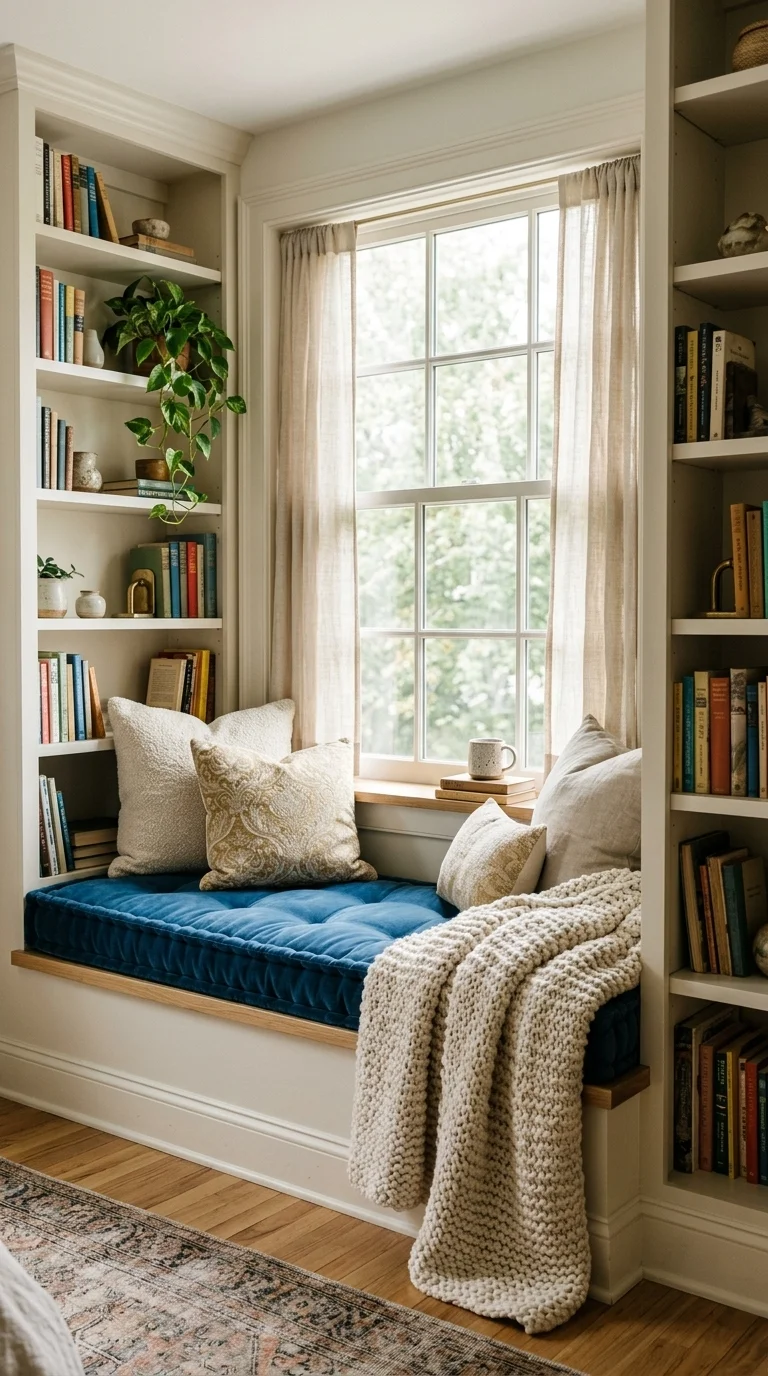 Plush Reading Nook with Built-in Bookshelves